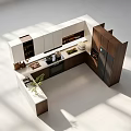 Modern Kitchen Layout With White And Wooden Cabinets And Island Counter