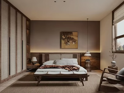 Serene Wooden Bedroom Interior Design With Platform Bed Hanging Painting Bedside Tables And Window 3d model