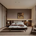 Serene Wooden Bedroom Interior Design With Platform Bed Hanging Painting Bedside Tables And Window