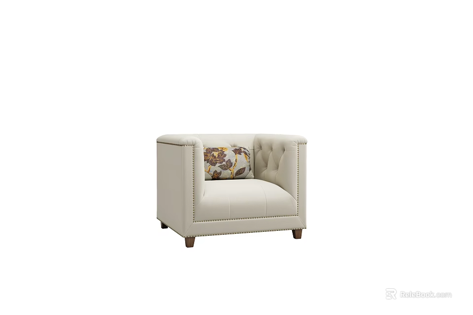 Beige Single Sofa With Tufted Backrest Square Armrests Wooden Legs And Patterned Cushion 3d model