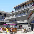 Modern Commercial Street With Brand Stores Outdoor Leisure Area And Red Tree Decoration