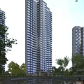 Urban Modern High Rise Residential Tower with Balconies Surrounded by Trees
