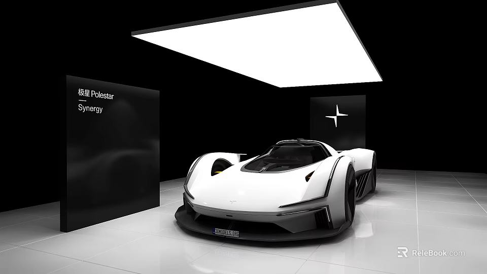 Polestar Synergy White Supercar Showcased In Modern Showroom With Ceiling Lighting Design 3d model 
