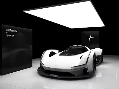 Polestar Synergy White Supercar Showcased In Modern Showroom With Ceiling Lighting Design 3d model