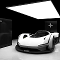 Polestar Synergy White Supercar Showcased In Modern Showroom With Ceiling Lighting Design