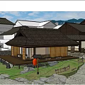 Traditional Garden Space With Thatched Roof Architecture Stone Path Green Plants And Pedestrians