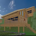 Wooden House With Thatched Roof Colorful Accents Balcony Staircase And Green Hills