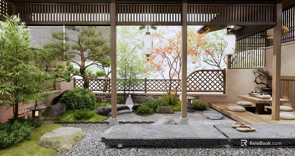 Japanese Courtyard Garden With Wooden Structure Latticed Fence Green Plants Stones Pebble Ground And Lanterns 3d model 