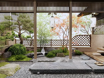 Japanese Courtyard Garden With Wooden Structure Latticed Fence Green Plants Stones Pebble Ground And Lanterns 3d model