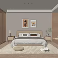 Modern Bedroom Interior With Beige Walls Wooden Wardrobes Decorative Paintings Table Lamps And Natural Light