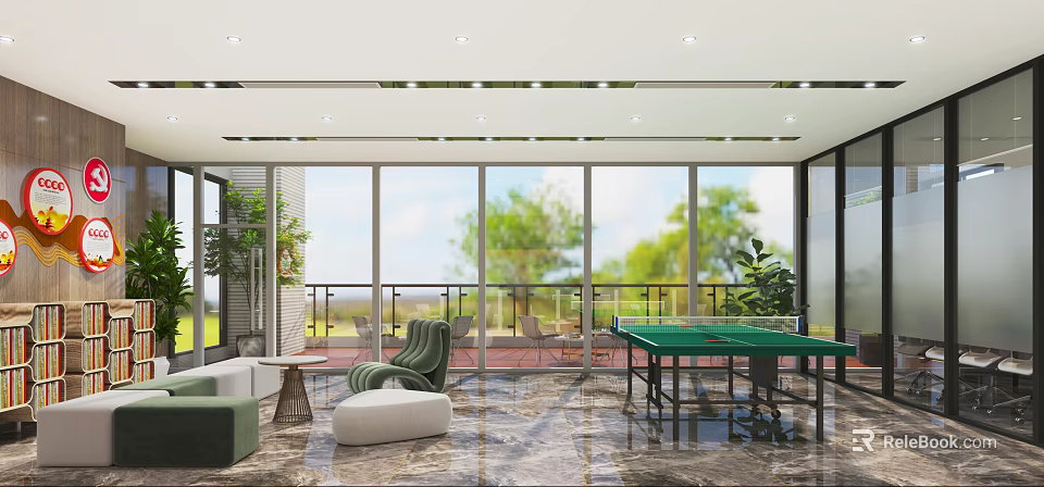Casual Lounge With Large Windows Outdoor Greenery Green Armchair White Ottoman Pool Table Marble Floor 3d model 