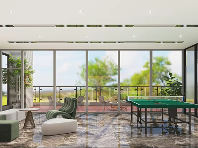 Casual Lounge With Large Windows Outdoor Greenery Green Armchair White Ottoman Pool Table Marble Floor 3d model