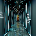 Modern Elevator Hallway Design With Blue Lighting Reflective Floor And Wall Quotes 3d model