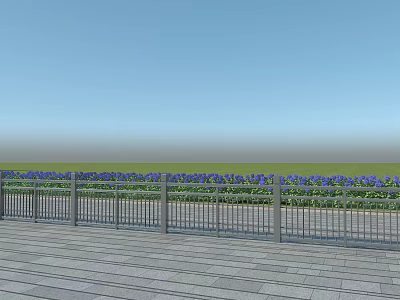 Durable Metal Outdoor Fence On Wooden Deck With Green Grass And Blue Sky 3d model
