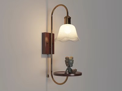 Modern Wall Lamp With Brass Frame White Lace Lampshade Wooden Shelf And Decorative Figurine 3d model