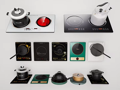 Modern Kitchen Appliances Displaying Induction Cooktops Electric Kettle Pressure Cookers And Frying Pans 3d model