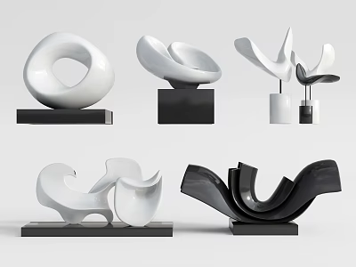 Modern Abstract Sculptures Featuring White Black Curved Geometric Shapes And Bases 3d model