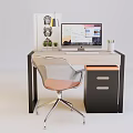 Modern Office Desk Setup With Computer Monitor Ergonomic Chair Table Lamp And Drawer