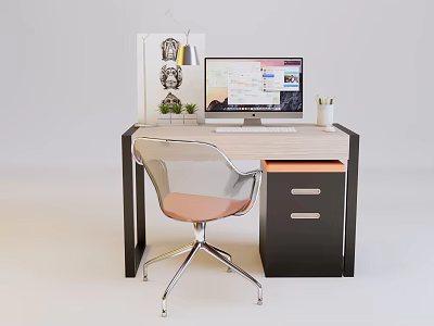 Modern Office Desk Setup With Computer Monitor Ergonomic Chair Table Lamp And Drawer 3d model