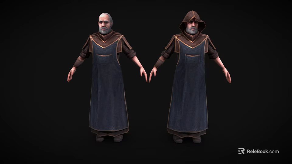 Elderly Game Character In Dark Robe With Hooded And Unhooded Outfits 3d model 