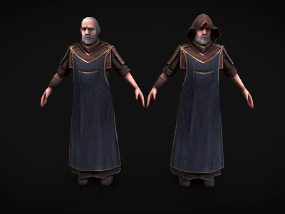 Elderly Game Character In Dark Robe With Hooded And Unhooded Outfits 3d model