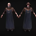 Elderly Game Character In Dark Robe With Hooded And Unhooded Outfits