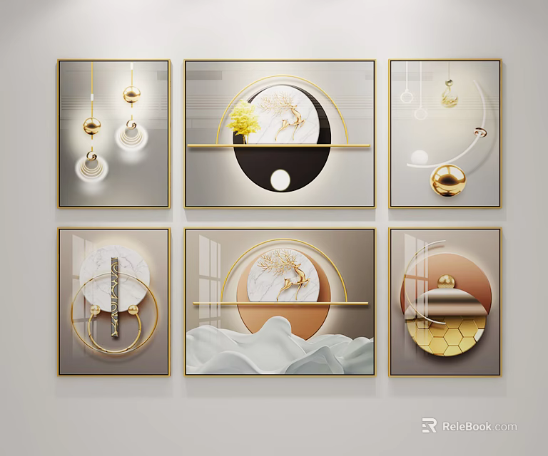 Modern Chinese Style Decorative Paintings With Circular Designs Yin Yang Patterns And Gold Frames 3d model 