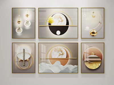 Modern Chinese Style Decorative Paintings With Circular Designs Yin Yang Patterns And Gold Frames 3d model