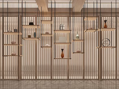 Traditional Wooden Shelving Unit With Multiple Shelves And Decorative Vases In Interior Design 3d model