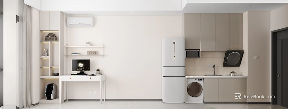 Modern Minimalist Apartment Interior Featuring White Desk Shelves And Appliances 3d model 
