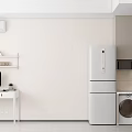 Modern Minimalist Apartment Interior Featuring White Desk Shelves And Appliances
