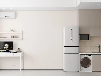 Modern Minimalist Apartment Interior Featuring White Desk Shelves And Appliances 3d model