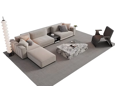 Modern Beige Sofa Coffee Table Set With Decorative Pillows Marble Top Accent Chair Floor Lamp 3d model