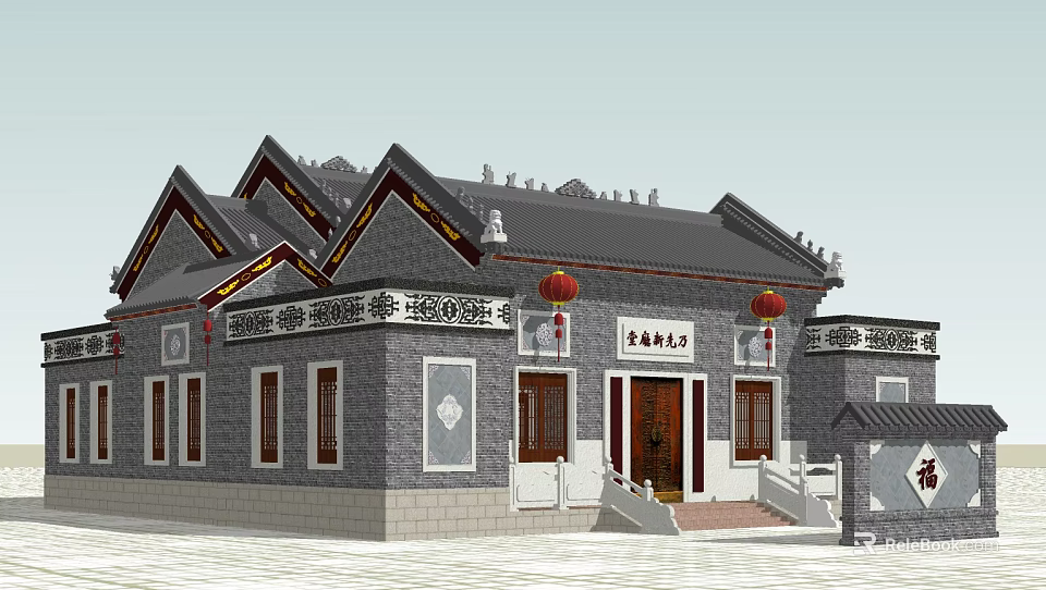 Ancient Chinese Architecture With Gray Brick Walls Black Tiled Roof And Red Lanterns 3d model 
