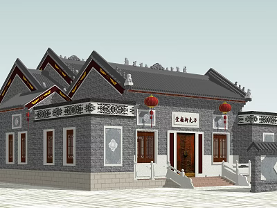 Ancient Chinese Architecture With Gray Brick Walls Black Tiled Roof And Red Lanterns 3d model