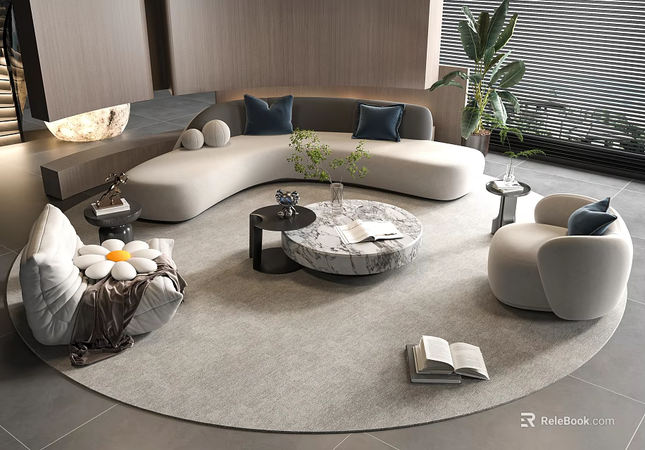 Modern Curved Sofa And Round Marble Coffee Table Set With Armchairs And Green Plants 3d model 