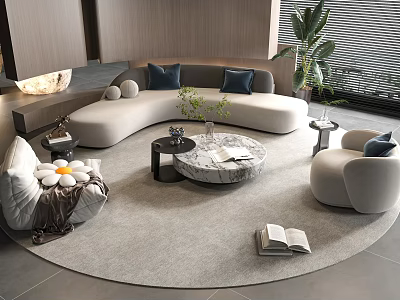 Modern Curved Sofa And Round Marble Coffee Table Set With Armchairs And Green Plants 3d model