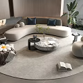 Modern Curved Sofa And Round Marble Coffee Table Set With Armchairs And Green Plants