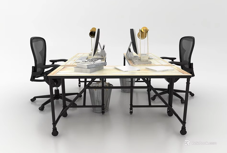 Two Modern Office Desks With Lamps Computer Monitors Documents Trash Bins And Black Chairs 3d model 