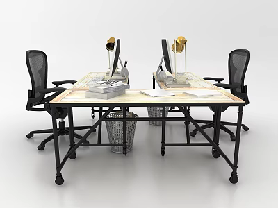 Two Modern Office Desks With Lamps Computer Monitors Documents Trash Bins And Black Chairs 3d model