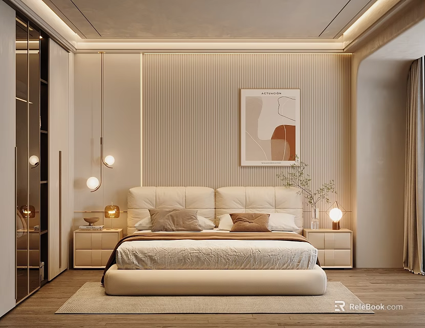 Modern Bedroom Interior Featuring Beige Bed Vertical Striped Accent Wall Abstract Art And Pendant Lights 3d model 