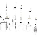 Organized Washing Daily Supplies Display With Wall Mounted Mops White Sinks And Robotic Vacuum