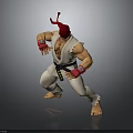 Muscular Karate Character in White Uniform with Red Headband Black Belt and Fighting Stance