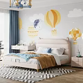 Cute Kids Bed With Pink Cat Ear Headboard Blue Brown Blanket And Hot Air Balloon Moon Cloud Mural