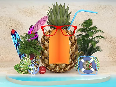 Vibrant Beach Scene Featuring Pineapple With Red Glasses Surfboard Palm Trees And Lifebuoy Decorations 3d model