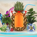 Vibrant Beach Scene Featuring Pineapple With Red Glasses Surfboard Palm Trees And Lifebuoy Decorations