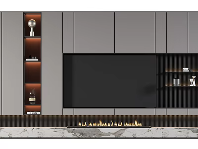 Elegant Modern Gray TV Background Cabinet with Marble Countertop LED Strip and Open Shelves 3d model