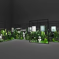 Life Artist Exhibition With Glass Display Cases Green Plants Sculptures And Paintings