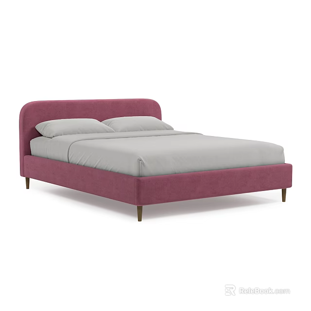 Plum Purple Upholstered Double Bed With Curved Headboard Gray Mattress And Dark Wooden Legs 3d model 