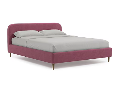 Plum Purple Upholstered Double Bed With Curved Headboard Gray Mattress And Dark Wooden Legs 3d model